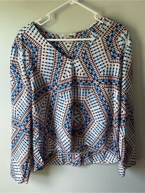 C&E Geometric Print Long Sleeve Blouse - Blue & Cream